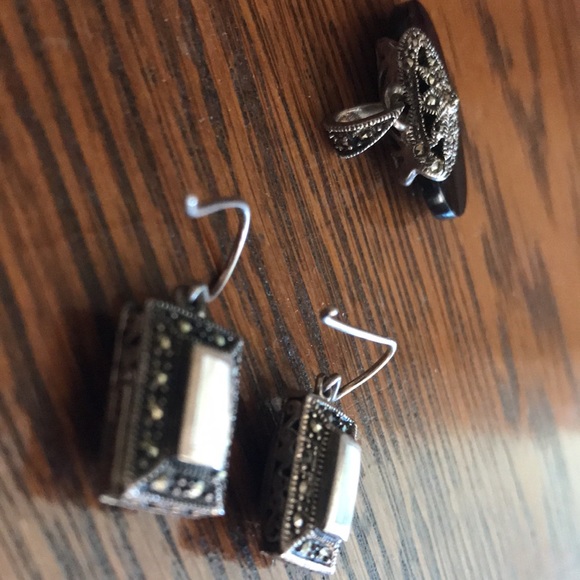 Sterling Onyx Marcasite Filagree Pendant Earrings - Picture 10 of 11